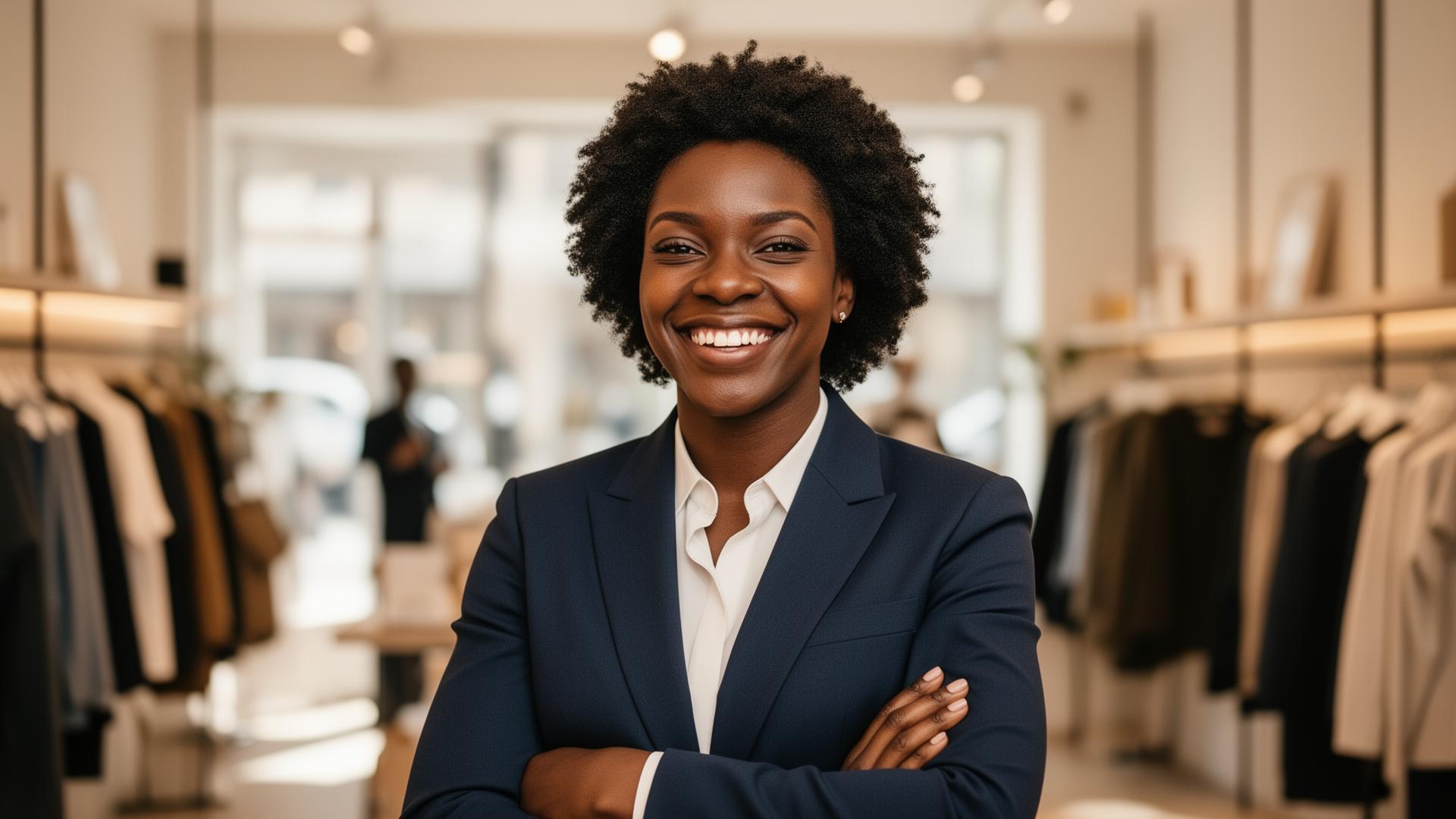 Small business owner standing confidently in her boutique
